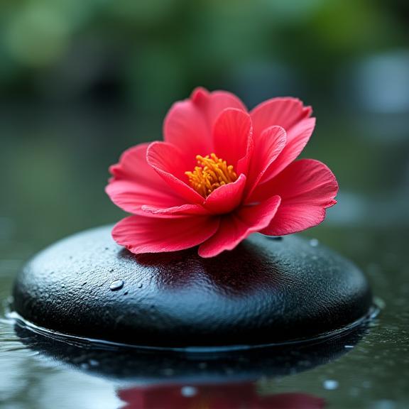 A single perfect camellia flower resting on a dark, wet stone, symbolizing tranquility and strength