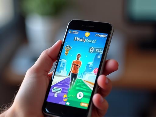 A smartphone screen showing the vibrant interface of the StrideQuest fitness game