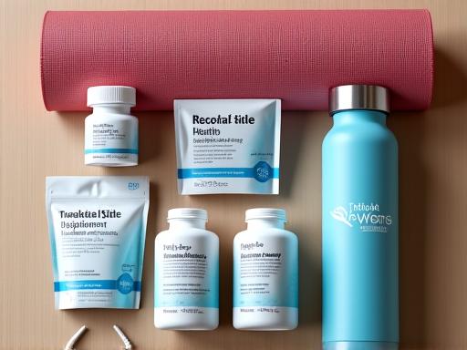 A curated set of TsubakiStride wellness products including supplements, a yoga mat, and a branded water bottle