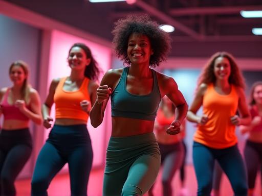 A group of people energetically participating in an aerobics class at the TsubakiStride studio